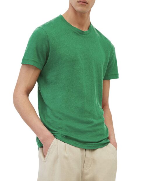 Smaragdgrünes Kurzarm-T-Shirt mit Rundhalsausschnitt aus 100% Leinen