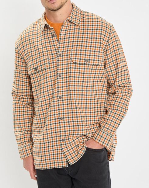 Surchemise 100% Coton Bio Relaxed Fit à carreaux vert/orange