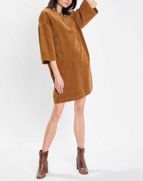 Robe en Velours côtelé zip poche marron