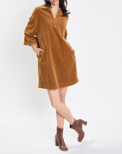 Robe en Velours côtelé zip poche marron