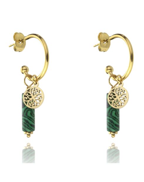 Margaret oorbellen in geelverguld staal en goud/groen synthetisch malachiet