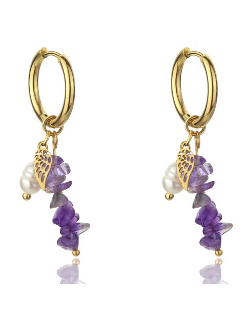 Norah geelvergulde oorbellen van staal en goud/paarse zoetwaterparels