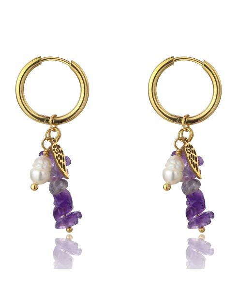 Norah geelvergulde oorbellen van staal en goud/paarse zoetwaterparels