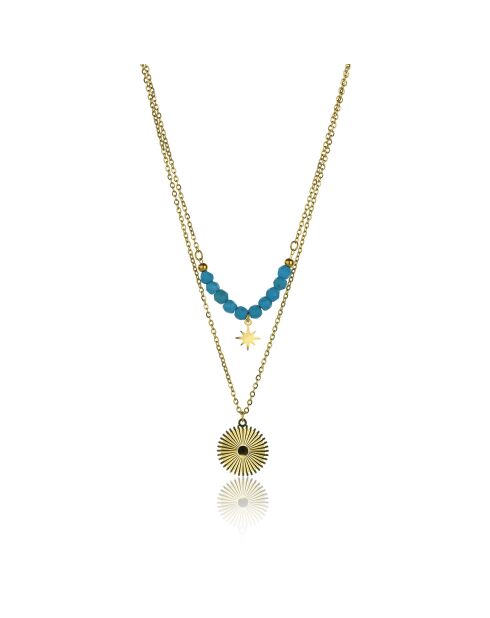 Cecilia halsketting in geelverguld staal en goud/lichtblauwe kallaite