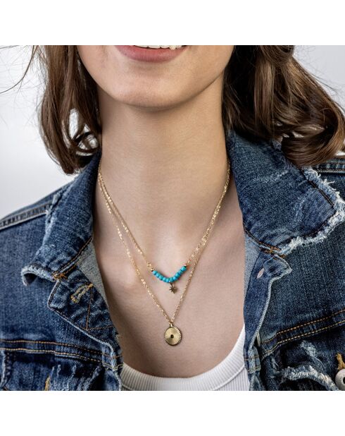 Cecilia halsketting in geelverguld staal en goud/lichtblauwe kallaite