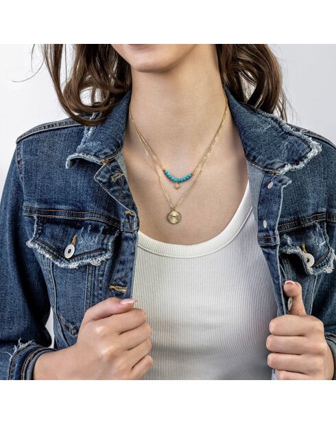 Cecilia halsketting in geelverguld staal en goud/lichtblauwe kallaite