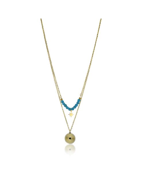 Cecilia halsketting in geelverguld staal en goud/lichtblauwe kallaite