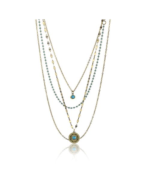 Alicia halsketting in geelverguld staal en goud/lichtblauw turkoois