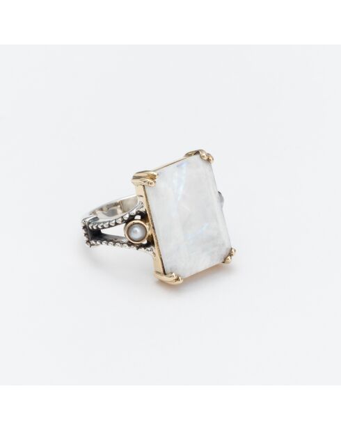Bague en Argent et Laiton Pierre de Lune blanche