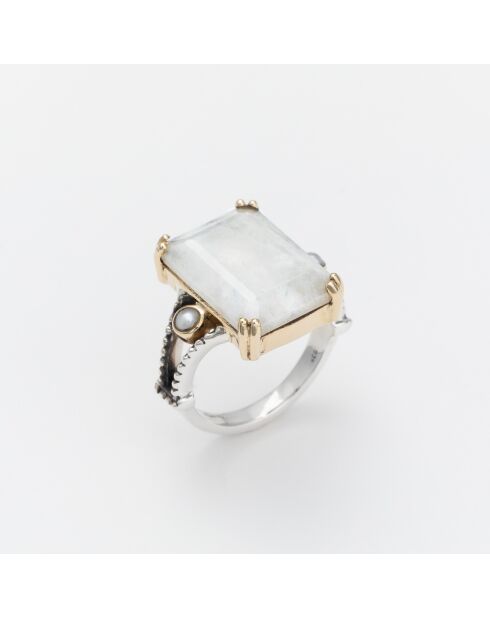 Bague en Argent et Laiton Pierre de Lune blanche