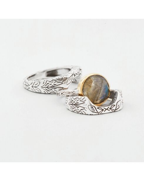 Bague Triple en Argent et Laiton Labradorite grise