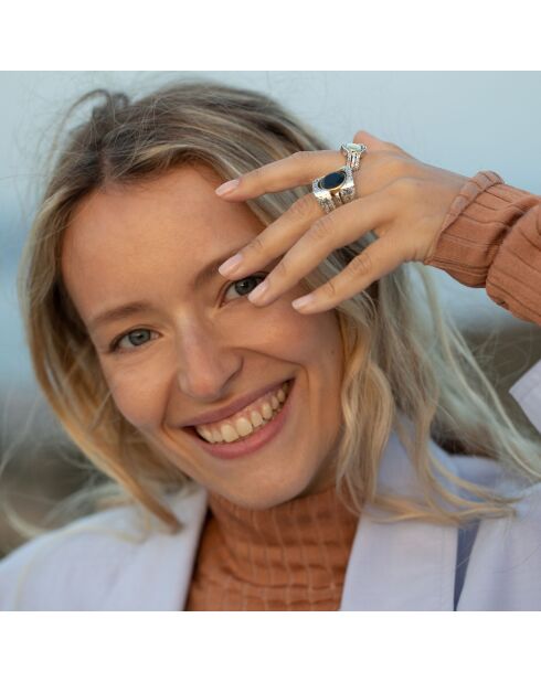 Bague Triple en Argent et Laiton Labradorite grise