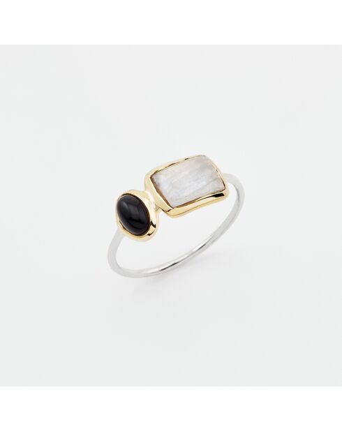 Bague en Argent et Laiton Onyx et Pierre de Lune blanc/noir