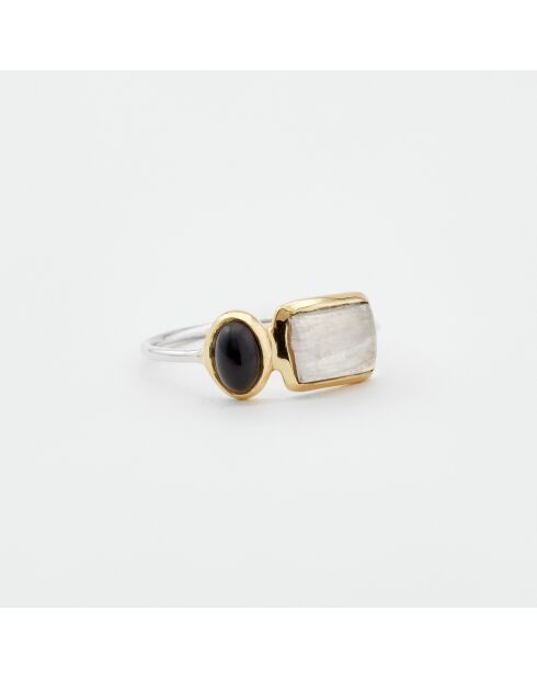 Bague en Argent et Laiton Onyx et Pierre de Lune blanc/noir