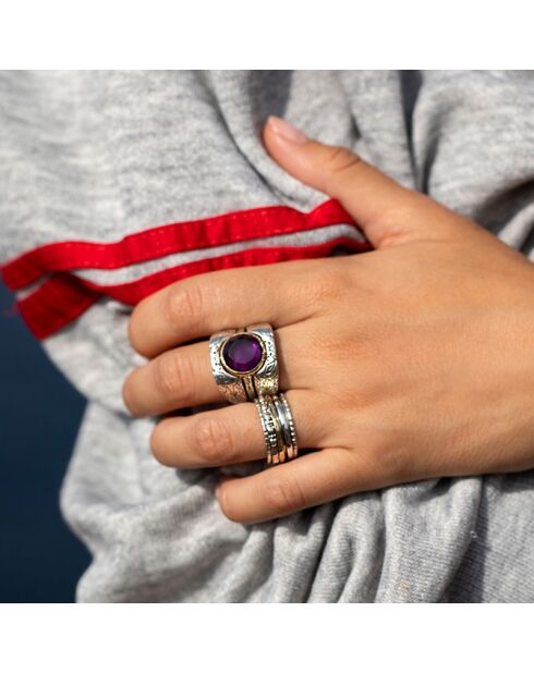Bague Triple en Argent et Laiton Améthyste violette