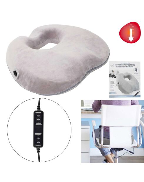 Coussin de posture massant et chauffant gris - 43x7.5x36 cm
