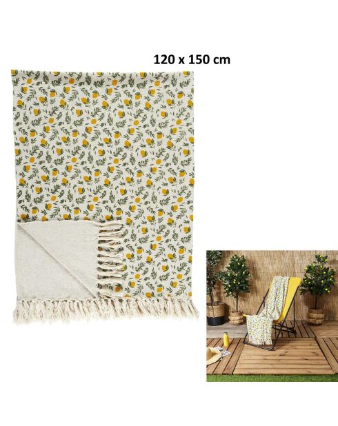 Plaid à franges Bain de Soleil jaune/vert - 120x150cm