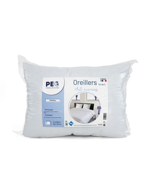 2 Oreillers Moelleux anti acariens blancs