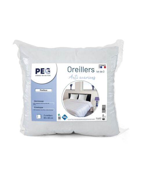 2 Oreillers Moelleux anti acariens blancs