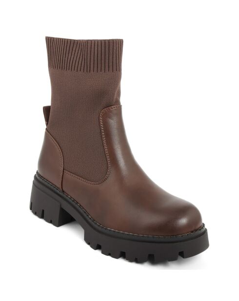 Bottes style chaussettes Thaïs marron - Talon 5 cm