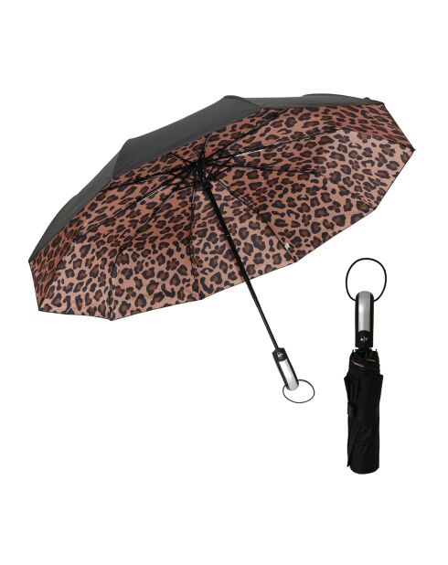 3-voudig design opvouwbare paraplu met dubbellaagse luifel - Automatisch openingssysteem - Zwarte buitenkant met veelkleurige luipaardprint aan de binnenkant