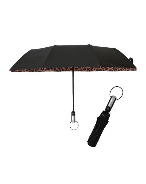 Parapluie pliant  Design 3 plis avec auvent double couche - Système d'ouverture automatique - Extérieur noir avec intérieur imprimé léopard multicolore