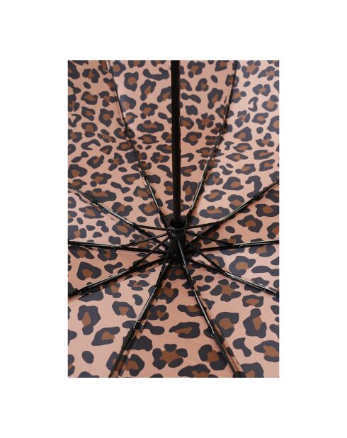 Parapluie pliant  Design 3 plis avec auvent double couche - Système d'ouverture automatique - Extérieur noir avec intérieur imprimé léopard multicolore