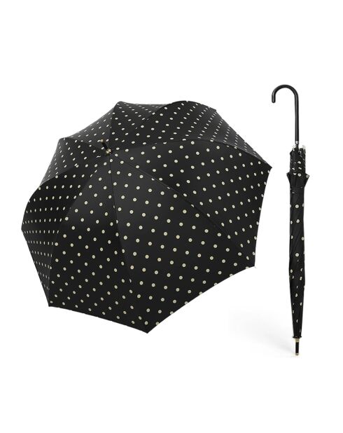 Paraguas automático grande - Negro con lunares blancos - Asa de piel negra