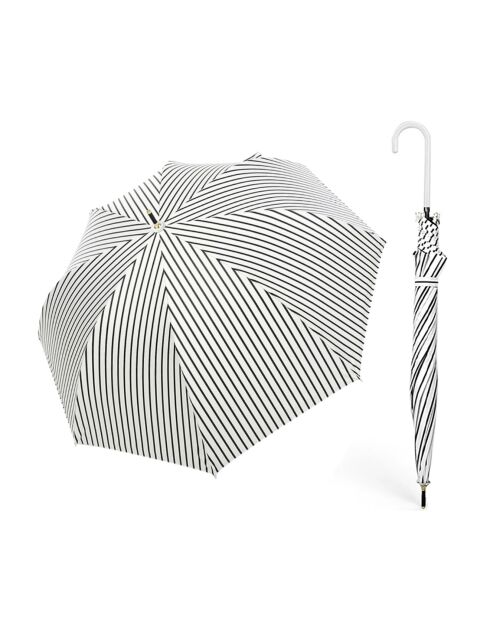Grand Parapluie automatique - Blanc à rayures noires - Poignée en cuir blanc