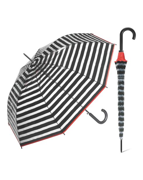 Paraguas con forma de campana transparente, rayas negras y borde rojo transparente/negro