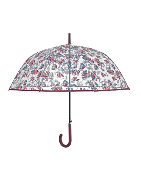 Paraguas con forma de campana transparente, sistema de apertura automática, borde borgoña, hojas multicolores