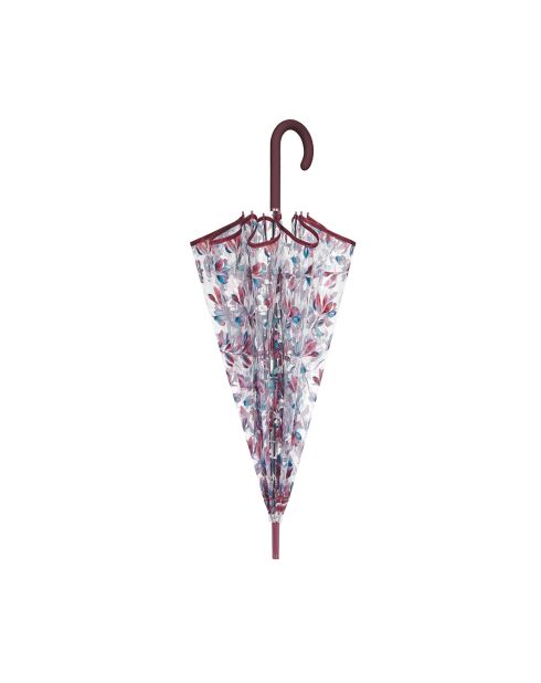 Paraguas con forma de campana transparente, sistema de apertura automática, borde borgoña, hojas multicolores