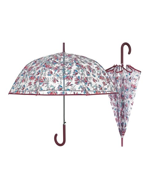 Paraguas con forma de campana transparente, sistema de apertura automática, borde borgoña, hojas multicolores