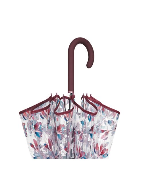Paraguas con forma de campana transparente, sistema de apertura automática, borde borgoña, hojas multicolores