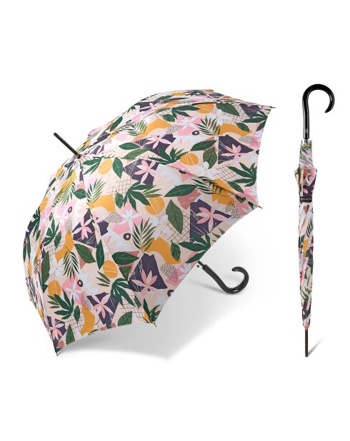 Paraguas automático grande - Con mango curvo de madera - Macadamia tropical multicolor