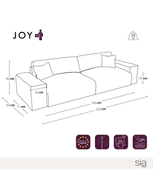 Canapé 3 places Joy Tissu tramé toucher doux vert kaki  - 220x120x75 cm