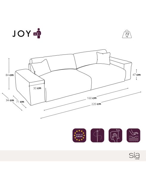 Joy 3-Sitzer-Sofa cremefarbener Samt - 220x120x75 cm