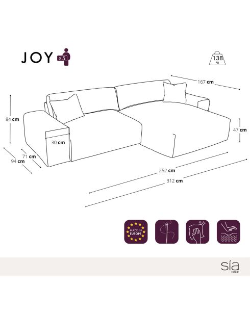 Joy rechtwinkliges Sofa schwarz XXL aus Kord - 310x174x75 cm