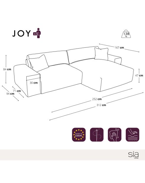 Canapé angle droit Joy Velours côtelé XXL noir - 310x174x75 cm