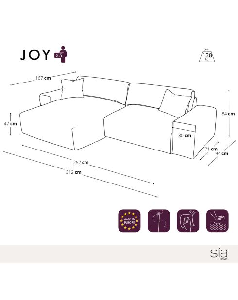 Joy linkes Ecksofa XXL cremefarbener Kord - 310x174x75 cm