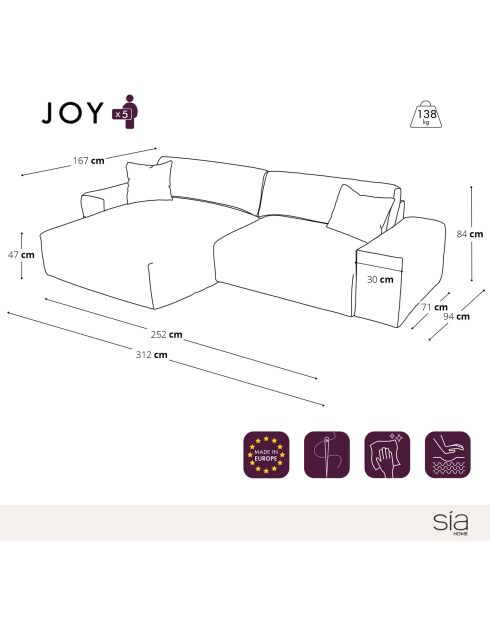 Canapé angle gauche Joy Velours côtelé XXL crème - 310x174x75 cm