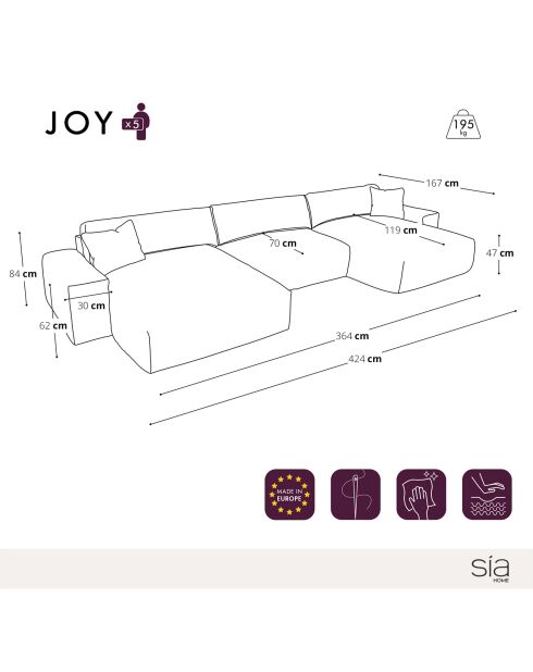 Canapé Panoramique Joy Tissu tramé toucher doux beige  - 420x174x75 cm