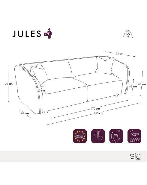 Jules Velours 3-Sitzer-Sofa, geprägtes Terrakotta, 215 x 93 x 70 cm