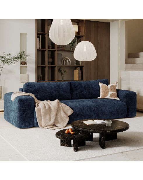 Canapé convertible avec coffre finition noyer Kay Velours éléphant bleu nuit - 260x100x83 cm