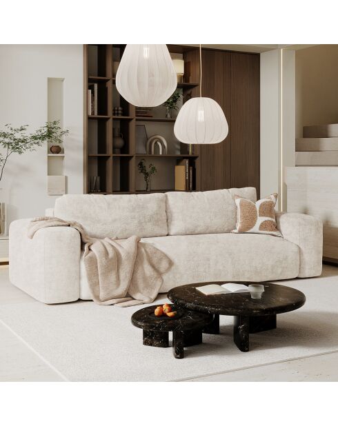 Canapé convertible avec coffre finition noyer Kay Velours gaufré crème - 260x100x83 cm