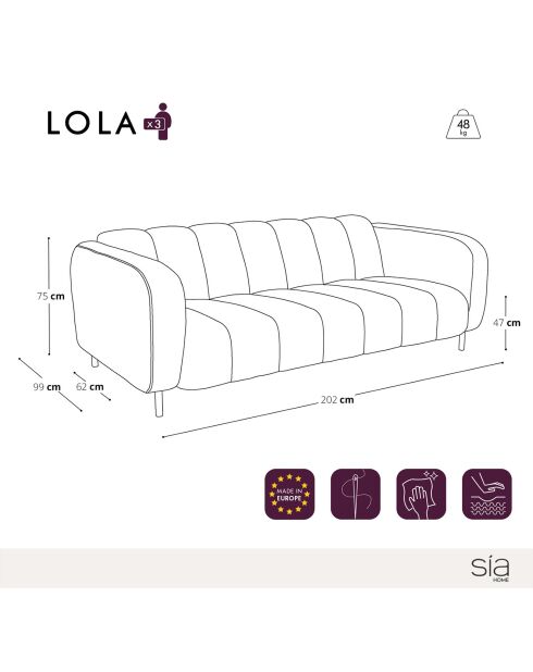 Canapé 3 places Lola Velours éléphant taupe - 202x99x75 cm