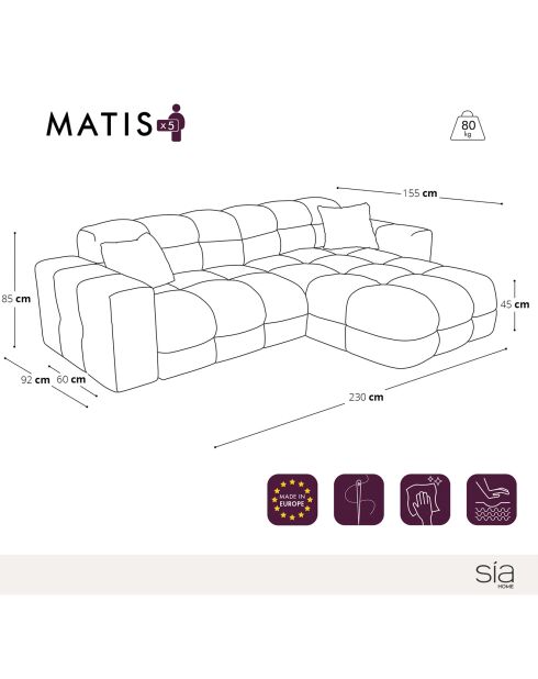 Canapé angle droit Matis Velours crème - 230x155x85 cm