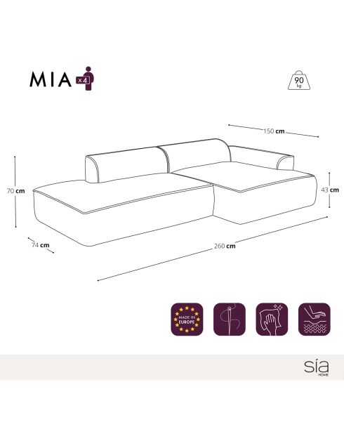 Mia Rechtwinkliges Sofa, 260 cm, dunkles Anthrazitfarbenes Velours — 260 x 150 x 70 cm
