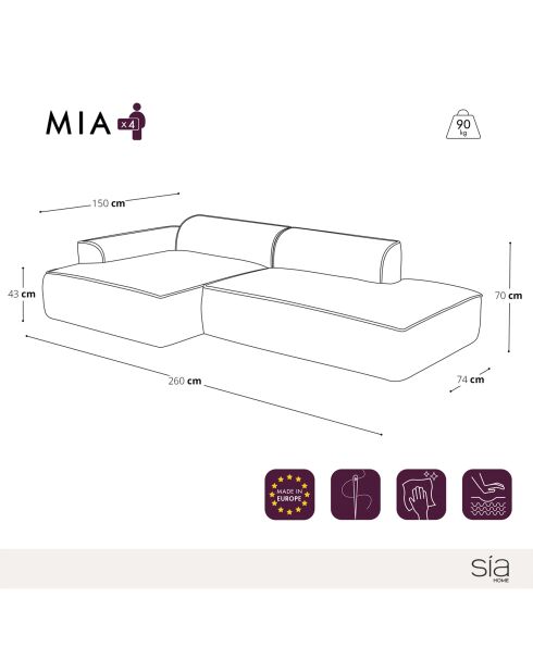 Canapé angle gauche 260cm Mia Tissu tramé crème - 260x150x70 cm