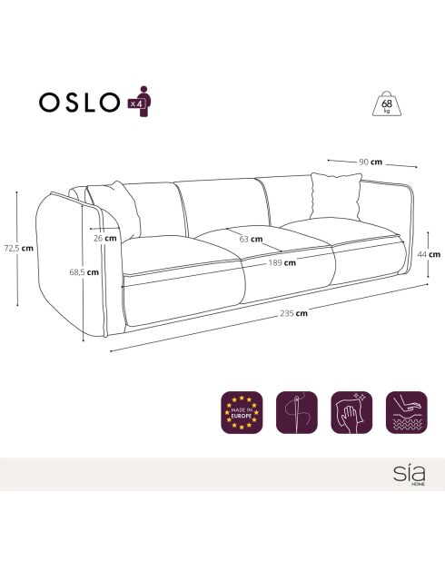 Oslo 4-Sitzer-Sofa aus beigefarbenem, geprägtem Samt - 235 x 90 x 72,5 cm
